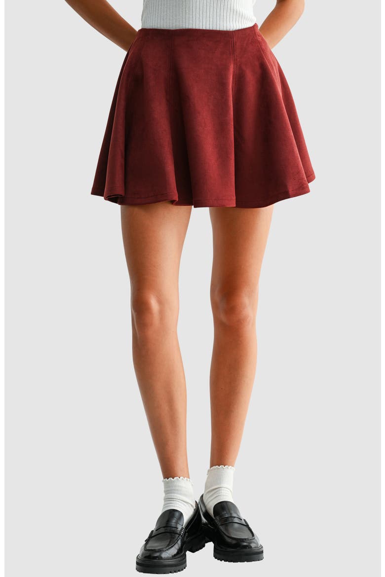Faux Suede Flare Miniskirt, Main, color, CHERRY BROWN
