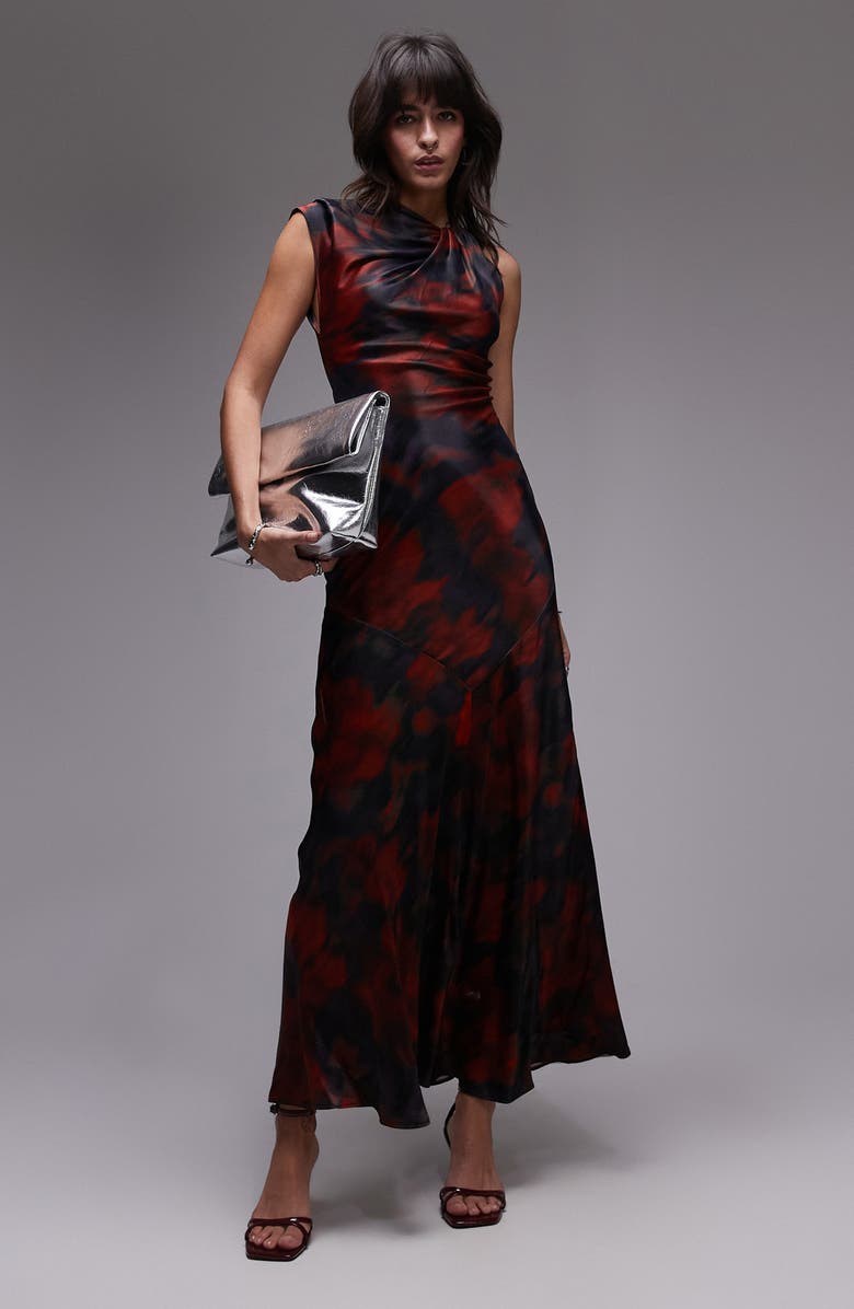 Topshop Print Knot Detal One-Shoulder Maxi Dress, Main, color, 