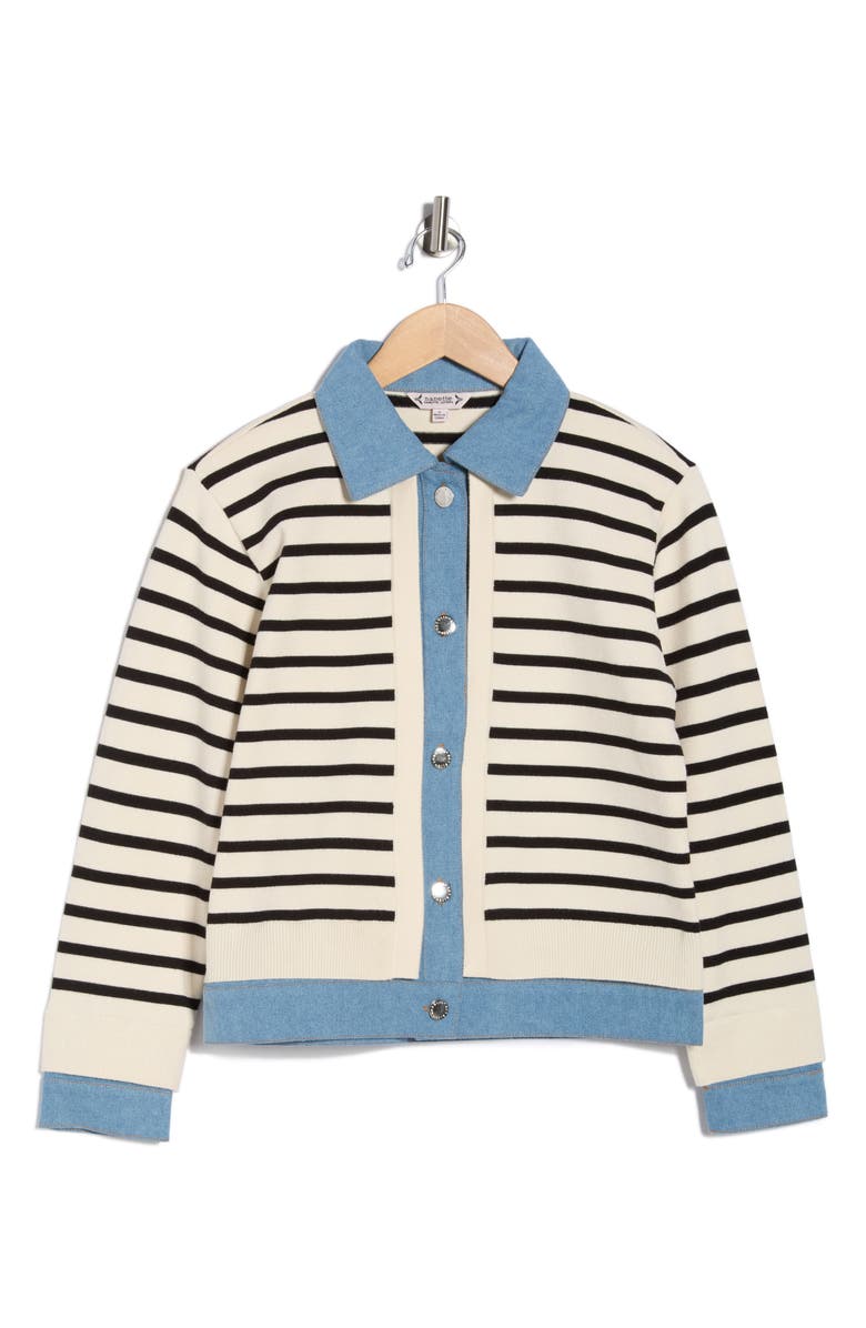 Nanette Lepore Stripe Denim Mix Media Sweater, Alternate, color, Cream/ Black/ Denim
