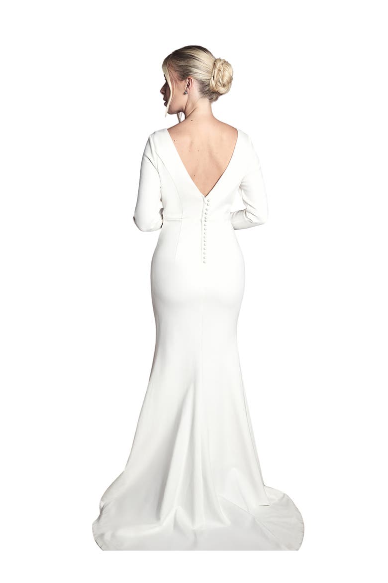 Petite Slash Neck Puddle Wedding Dress, Alternate, color, Ivory