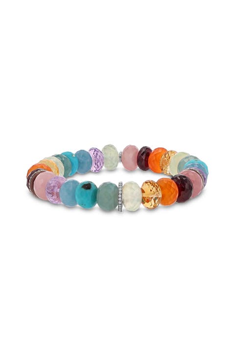 Rainbow Mix 10MM Bead Bracelet With 3 Diamond Rondelles