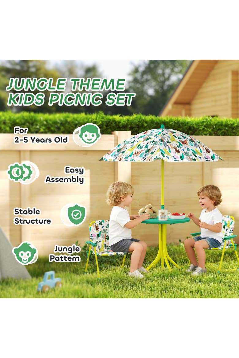 Kids Outdoor Picnic Table with Folding Chairs and Umbrella, Alternate, color, Green