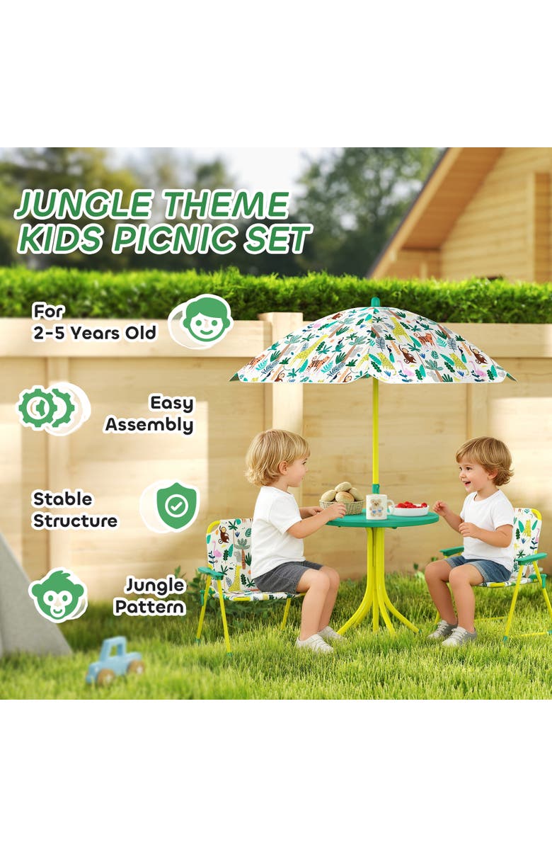 Qaba Kids Outdoor Picnic Table with Folding Chairs and Umbrella, Alternate, color, Green