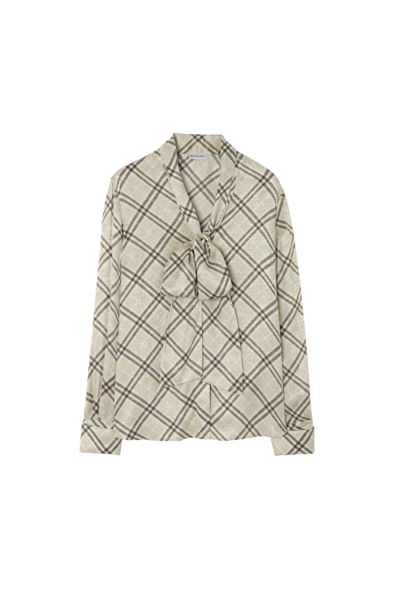 Check Silk Blend Scarf Blouse, Alternate, color, Dove grey