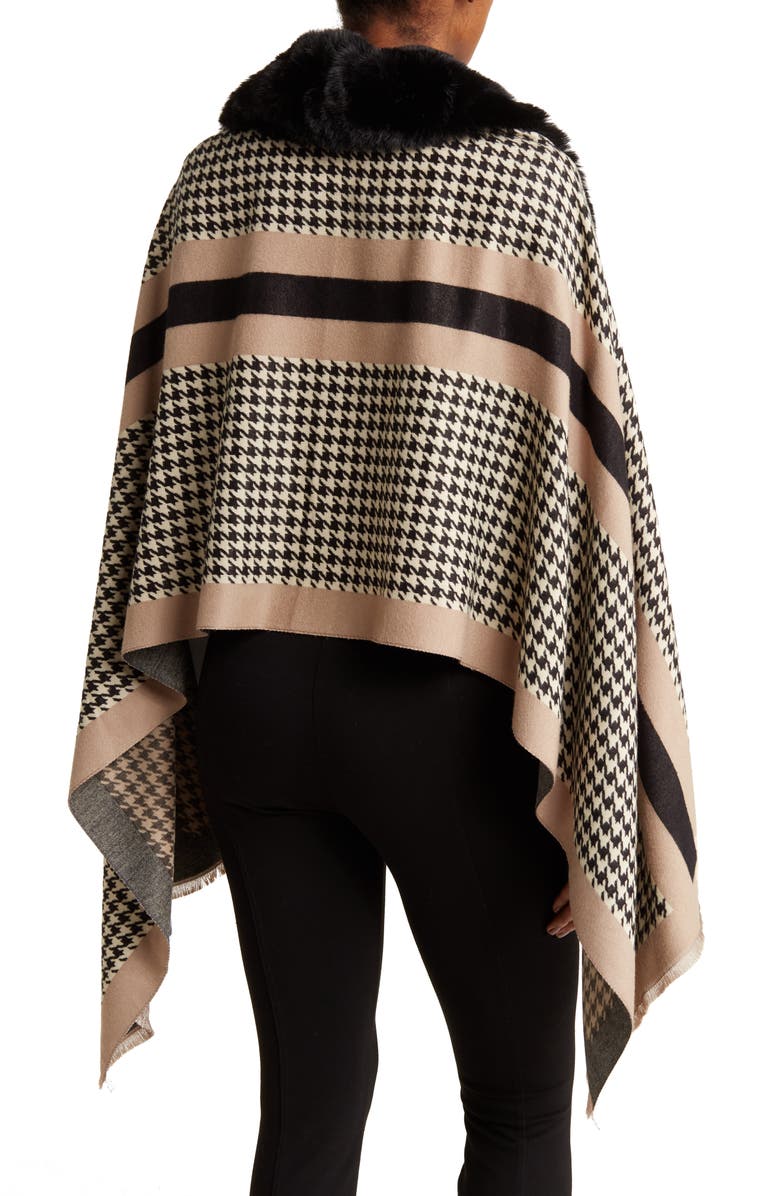 La Fiorentina Houndstooth Wrap with Faux Fur Trim, Alternate, color, Black