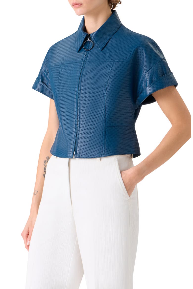 Short Sleeve Perforated Lambskin Leather Crop Jacket, Alternate, color, DARK BLUE