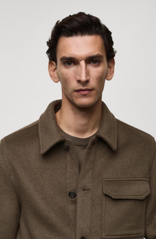 Mango Wool Blend Flannel Overshirt In Khaki Brown