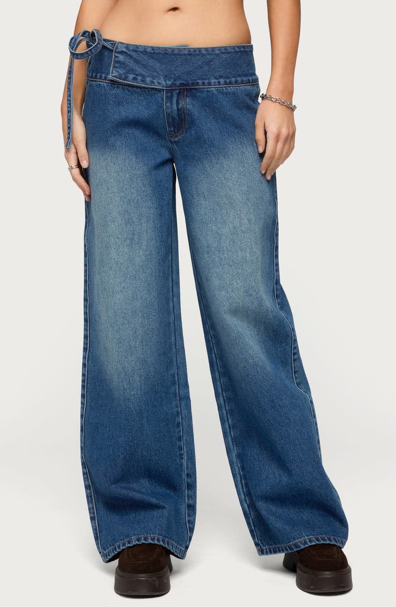 EDIKTED Cleo Tie Waist Wide Leg Jeans, Main, color,