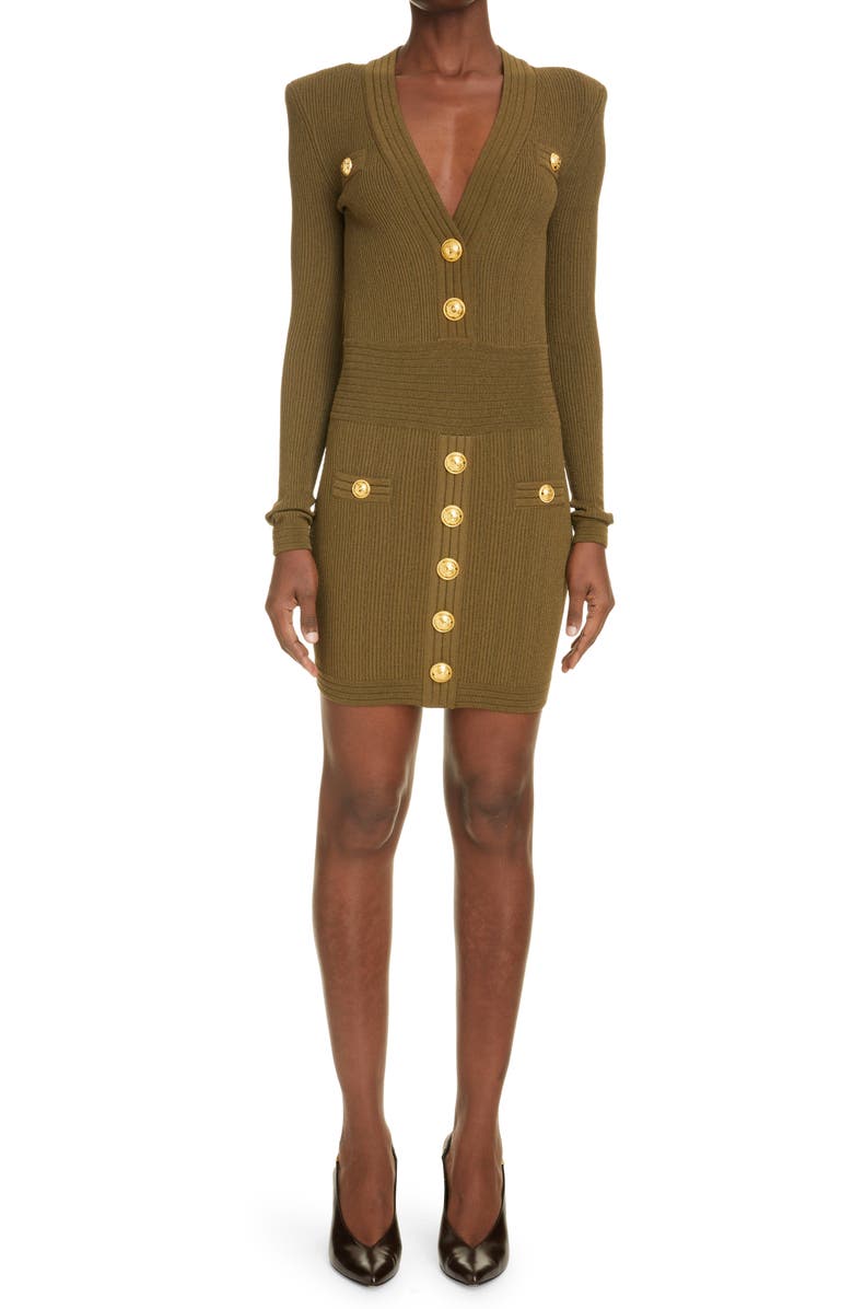 Balmain Rib Long Sleeve Body-Con Sweater Minidress, Main, color, 