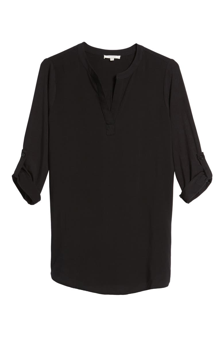Split Neck Roll Sleeve Tunic, Main, color, BLACK
