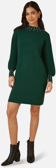 Yumi Green Pearl Detail Knitted Relaxed Jumper Dress - Green / L Yumi Green Pearl Detail Knitted Relaxed Jumper Dress - Green / L