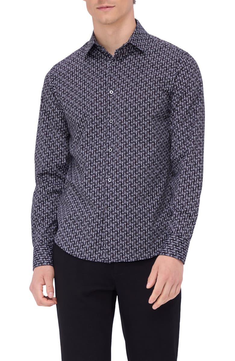 Bugatchi James OoohCotton<sup>®</sup> Champagne Print Button-Up Shirt, Main, color, Black