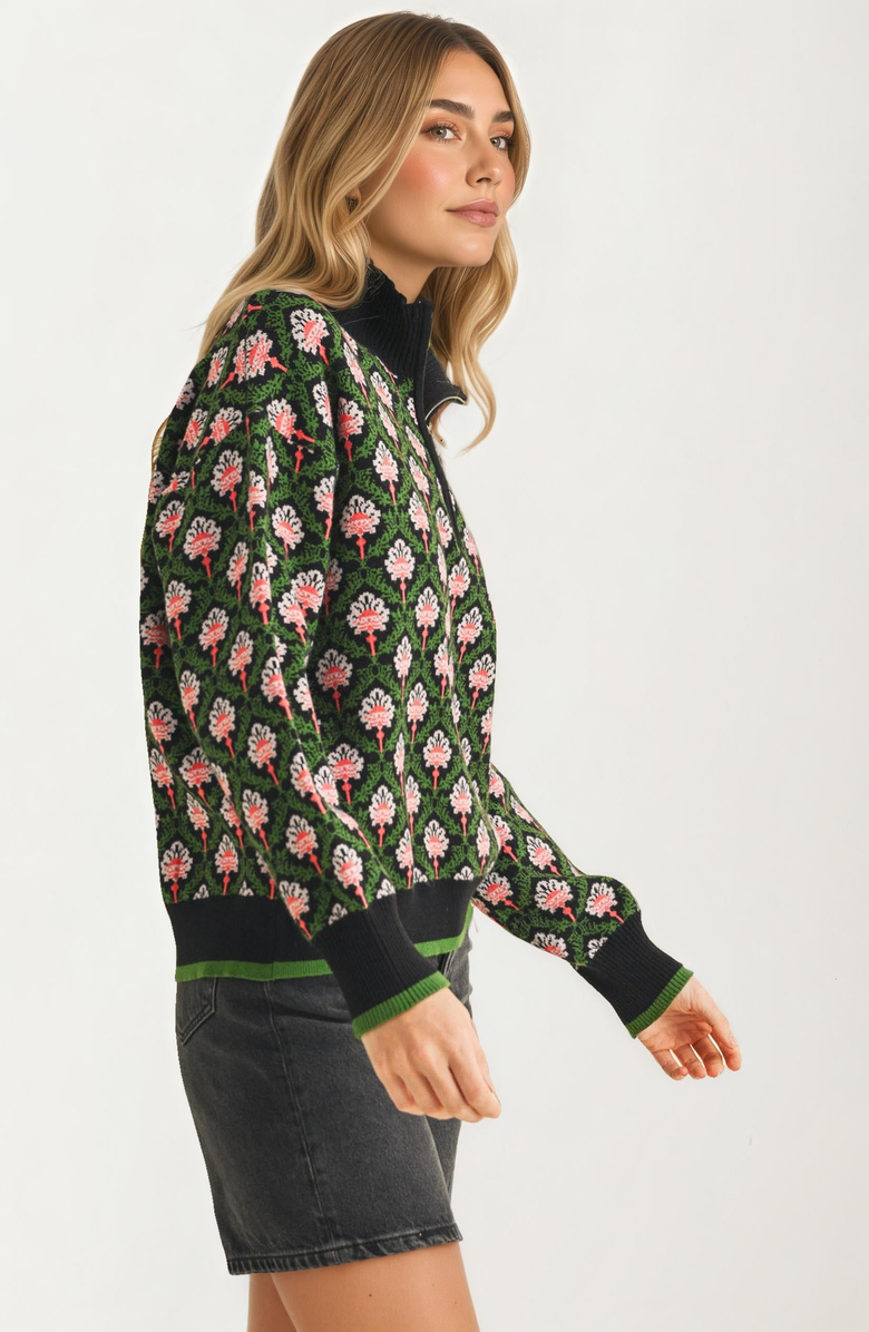 Knit and Lounge Floral Jacquard Quarter-Zip Sweater with Ribbed Trim, Alternate, color, 