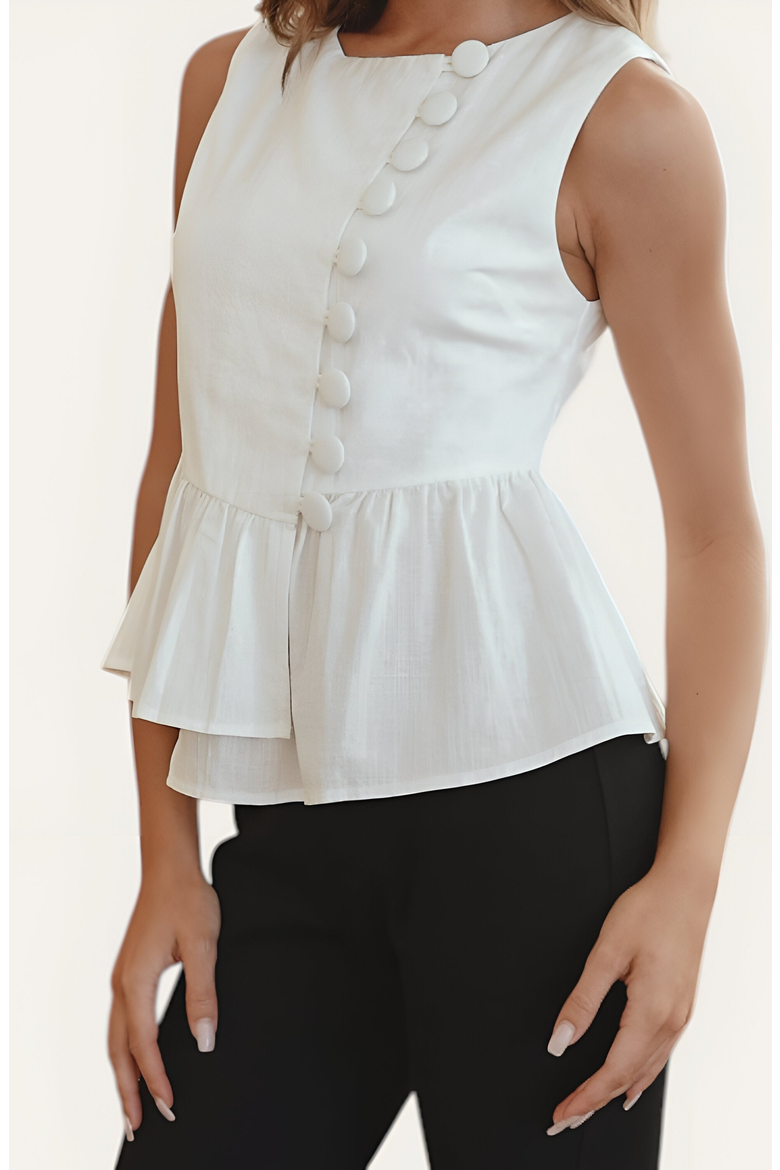 Sleeveless Peplum Top with Asymmetric Pearl Button Front, Alternate, color, White