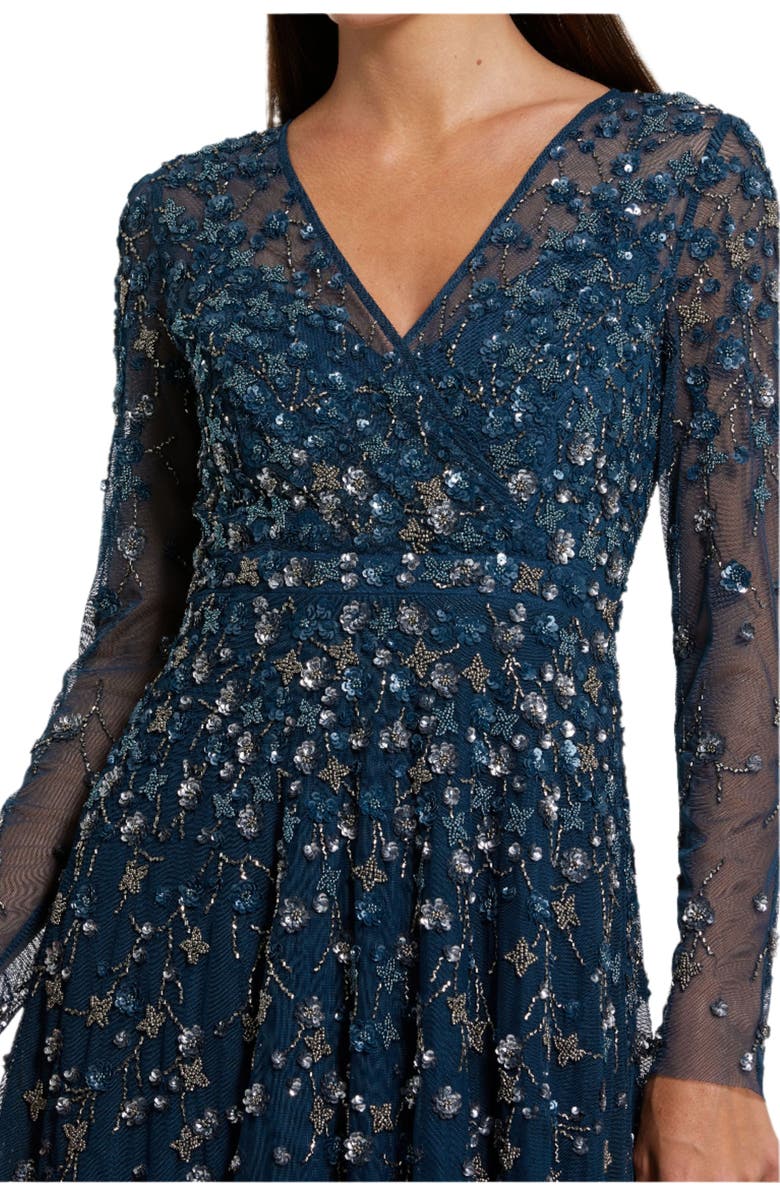 Mac Duggal Embellished Wrap Over Illusion Long Sleeve A Line Gown, Alternate, color, Twilight