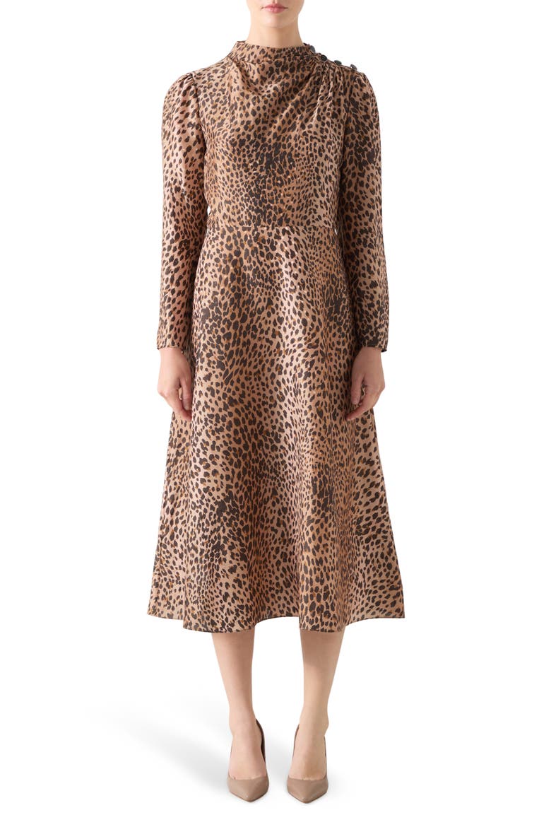 Samantha Print Long Sleeve Midi Dress, Main, color, BROWN