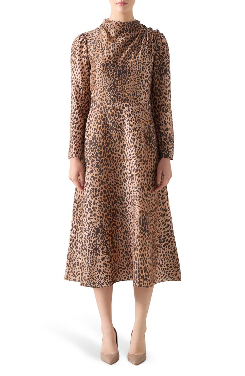 LK Bennett Samantha Print Long Sleeve Midi Dress, Main, color, Brown