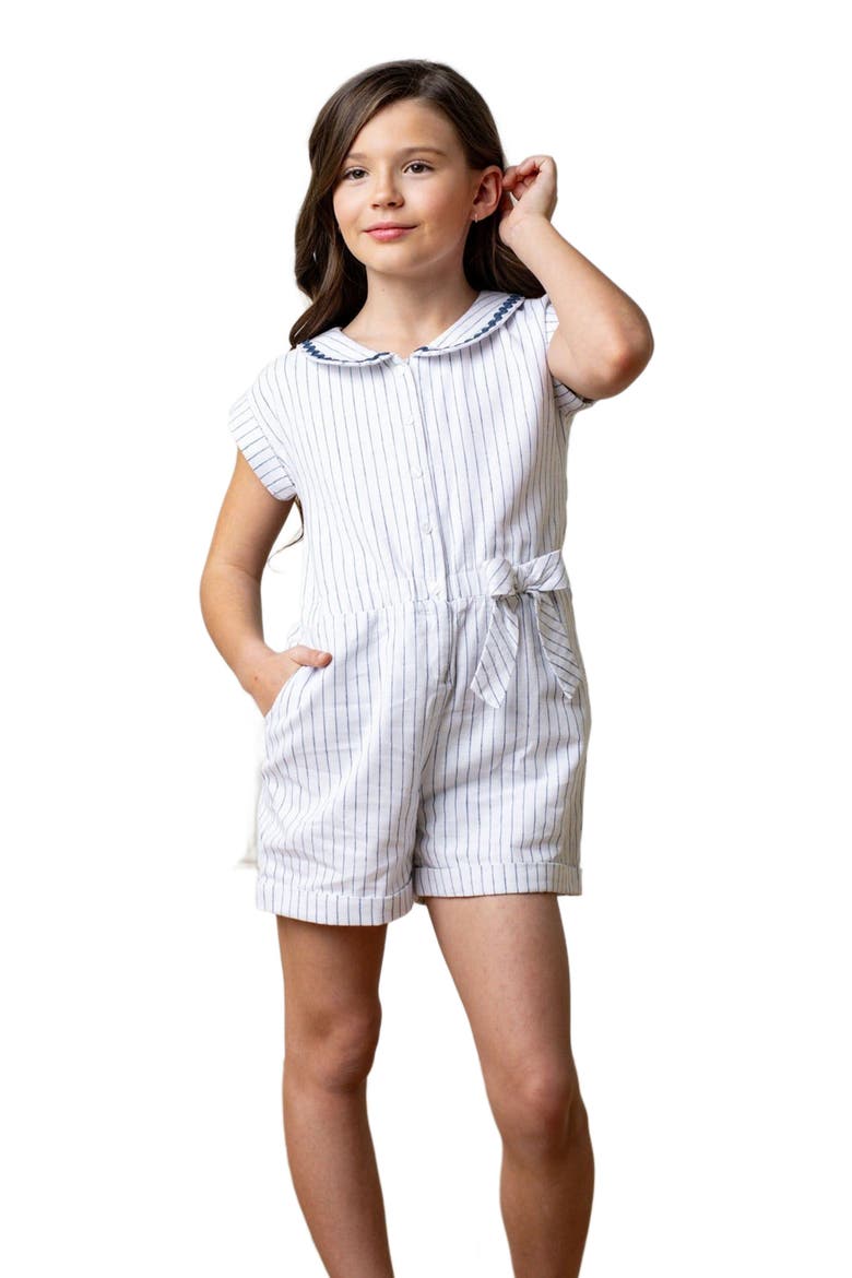 Girls' Linen Collared Button Front Romper, Kids, Main, color, White Court Pinstripe