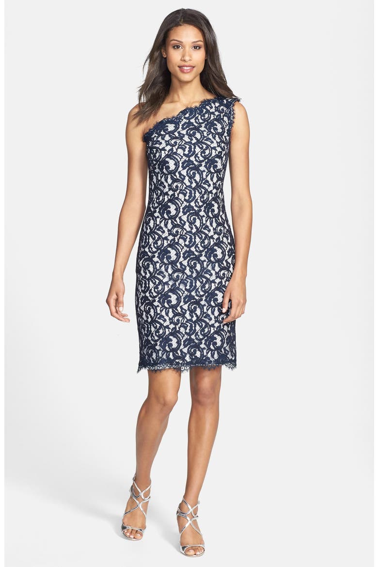 One-Shoulder Lace Sheath Dress, Alternate, color, NAVY/ IVORY