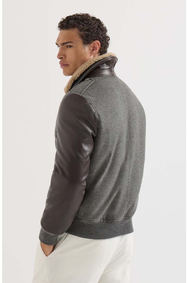 Bonded cashmere beaver cloth and nappa leather bomber jacket with  Thermore® padding and detachable shearling collar, Alternate, color, Medium Grey