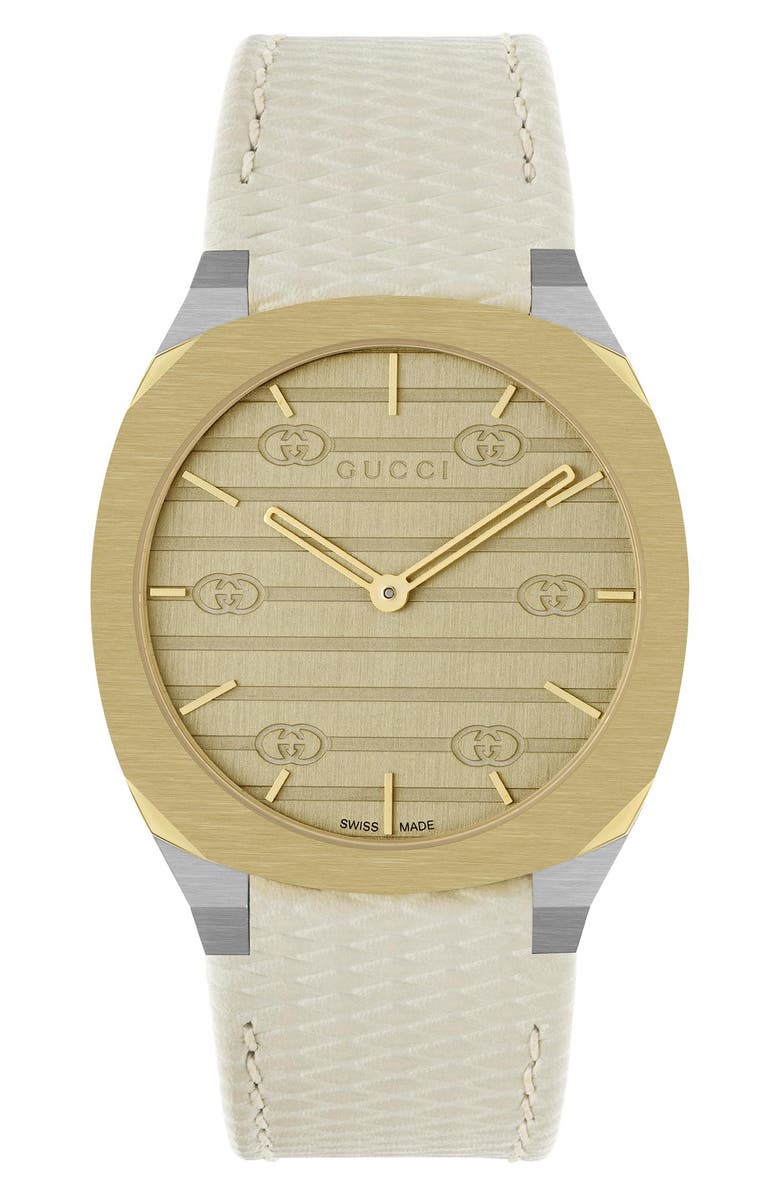 Gucci 25H Leather Strap Watch Watch, 34mm, Alternate, color, Gold