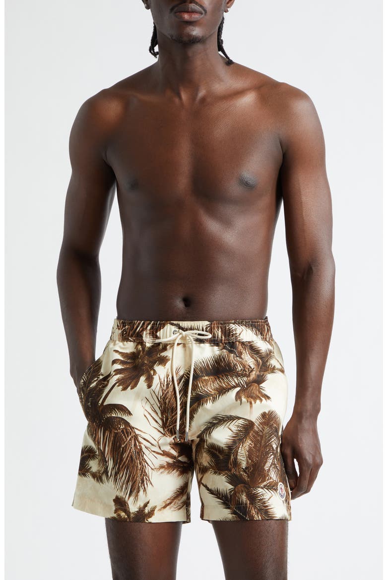 Palm Print Swim Trunks, Main, color, BEIGE