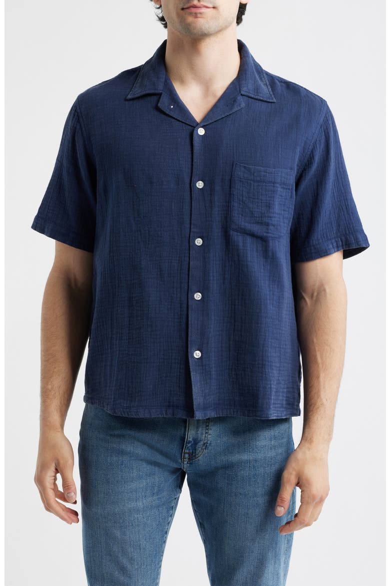 Double Cloth Short Sleeve Button-Up Shirt, Main, color, NAVY
