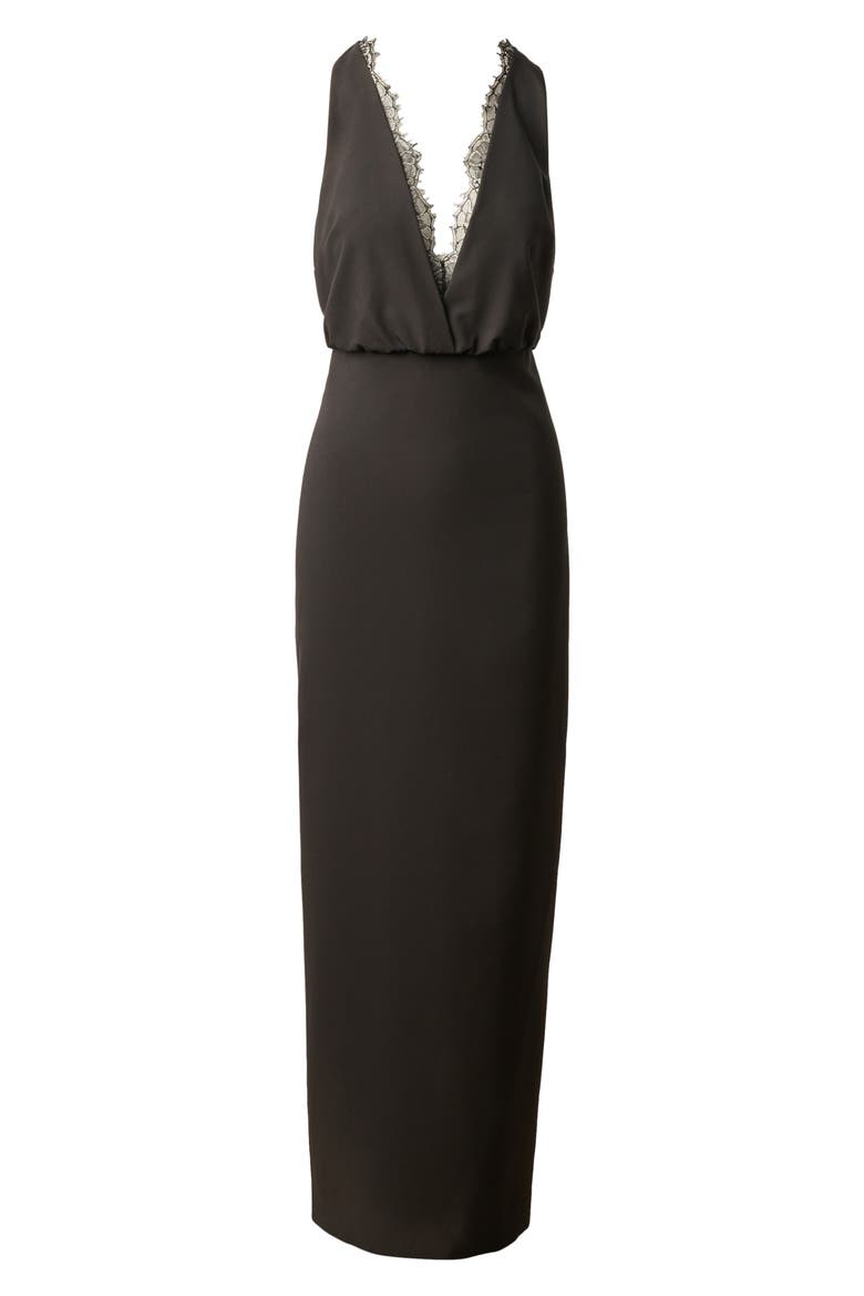 Plunge Neck Lace Trim Crepe Column Gown, Alternate, color, BLACK