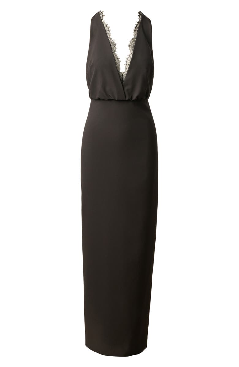 Adrianna Papell Plunge Neck Lace Trim Crepe Column Gown, Alternate, color, 