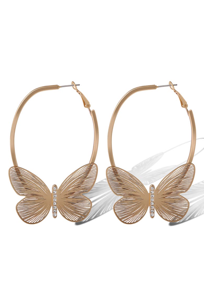 Butterfly Hoop Earrings with Clear Crystal, Main, color, Gold