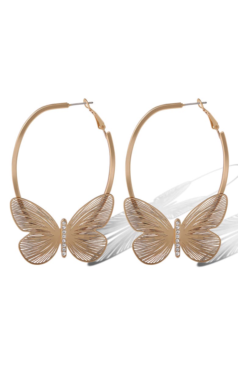 Jessica Simpson Butterfly Hoop Earrings with Clear Crystal, Main, color, Gold