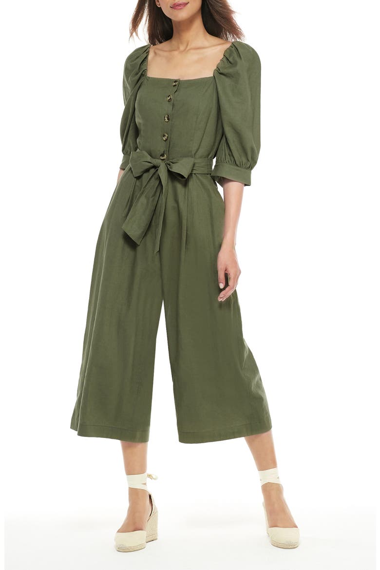 Sylvie Puff Sleeve Linen Blend Jumpsuit (Nordstrom Exclusive), Alternate, color, FOREST FERN