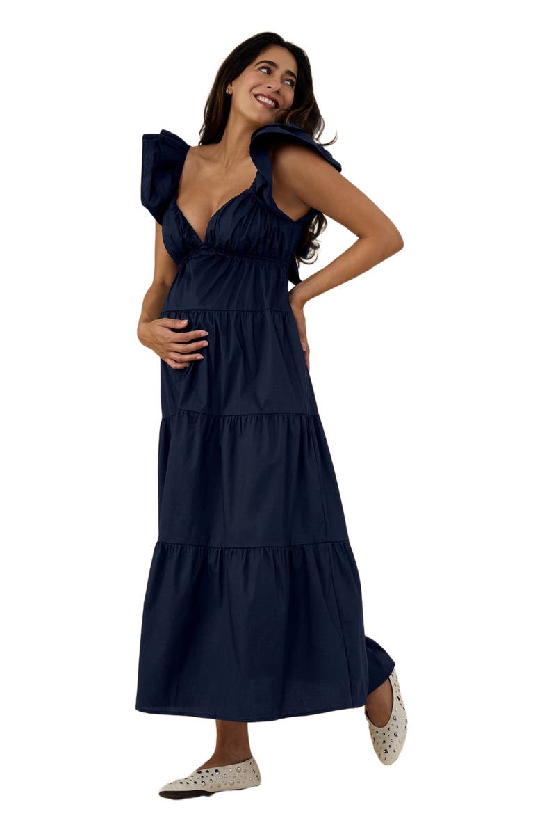 MOTHERHOOD MATERNITY Ruffle Sleeve Tie-Back Maternity Maxi Dress, Alternate, color, Navy Blazer