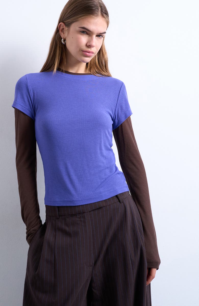 Topshop Sheer Rib Double Layer Long Sleeve Top, Main, color, Purple