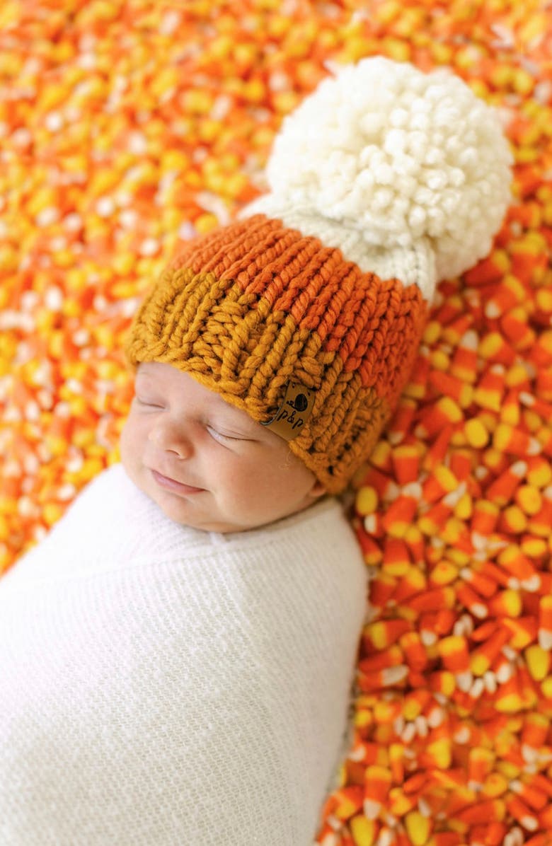 PINE + POPPY Halloween Candy Corn Pompom Hat, Alternate, color,