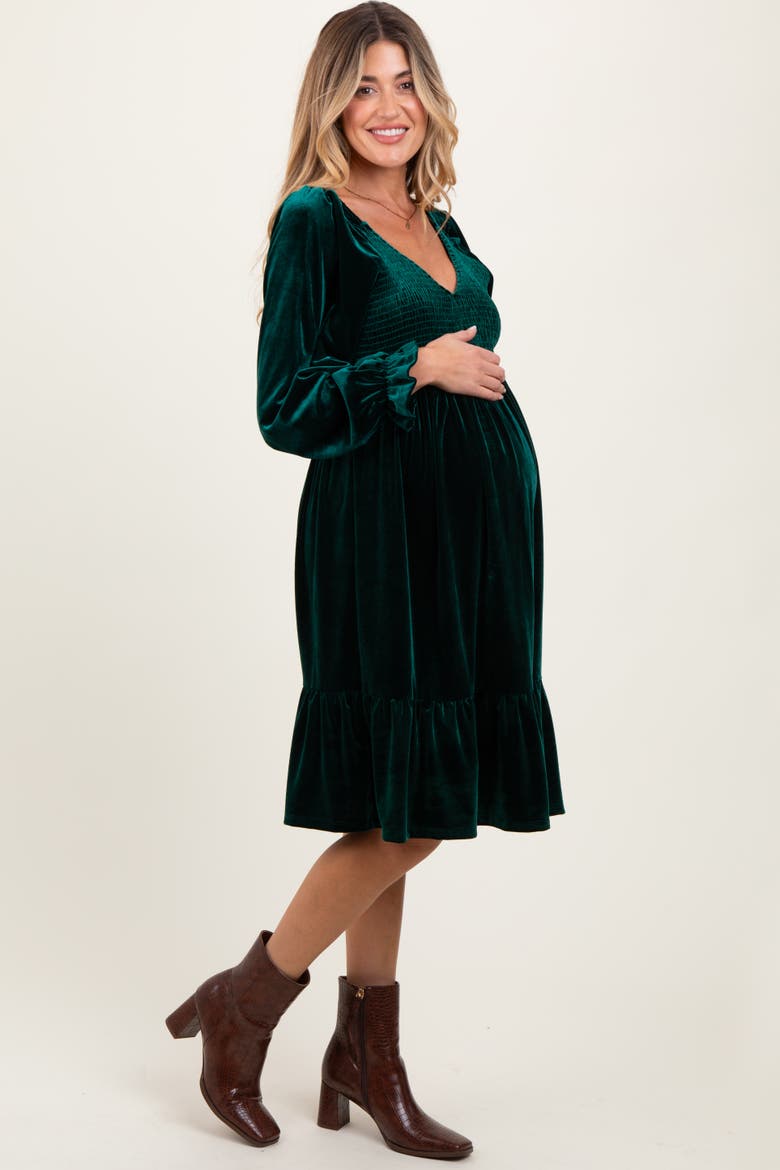 Velvet Smocked Long Sleeve Dress, Alternate, color, Forest Green