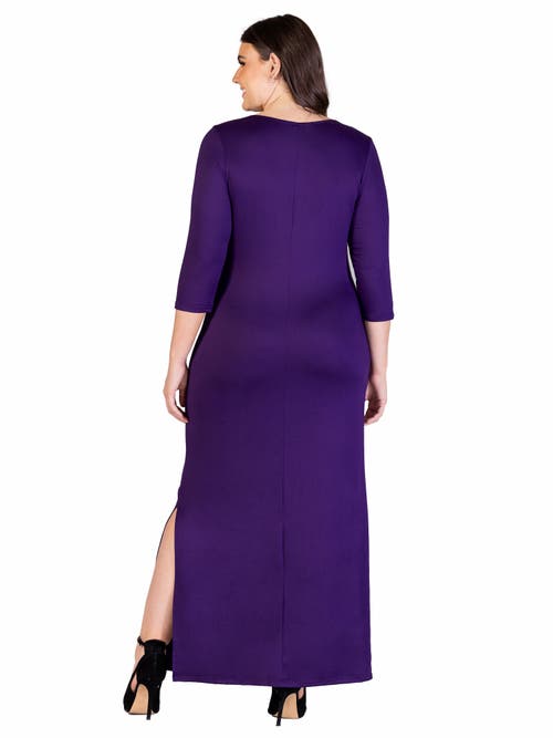 24seven Comfort Apparel 24seven Comfort Appare Fitted V-neck Side Slit Maxi Dress In Purple