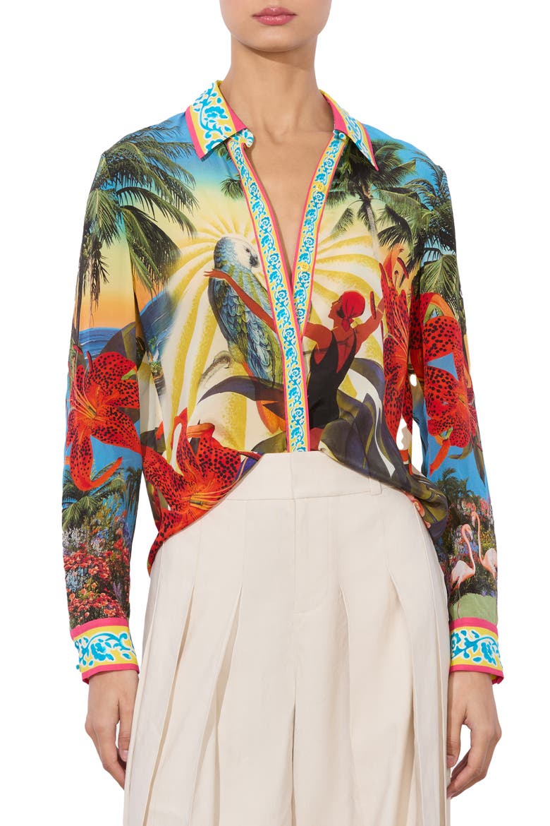 Willa Tropical Print Silk Button-Up Shirt, Main, color, ISLAND DREAMS MULTI