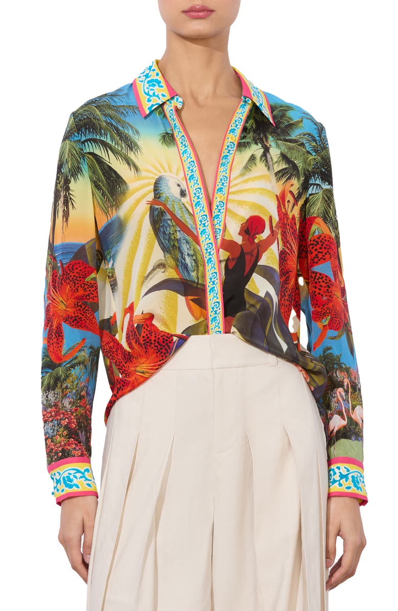 Alice + Olivia Willa Tropical Print Silk Button-Up Shirt, Main, color, Island Dreams Multi