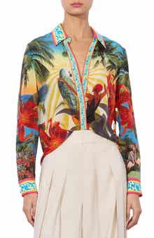 Alice + Olivia Willa Tropical Print Silk Button-Up Shirt