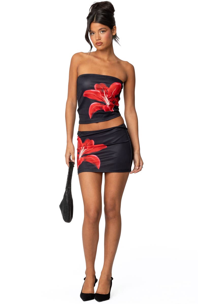 EDIKTED Tiger Blossom Miniskirt, Alternate, color, Black