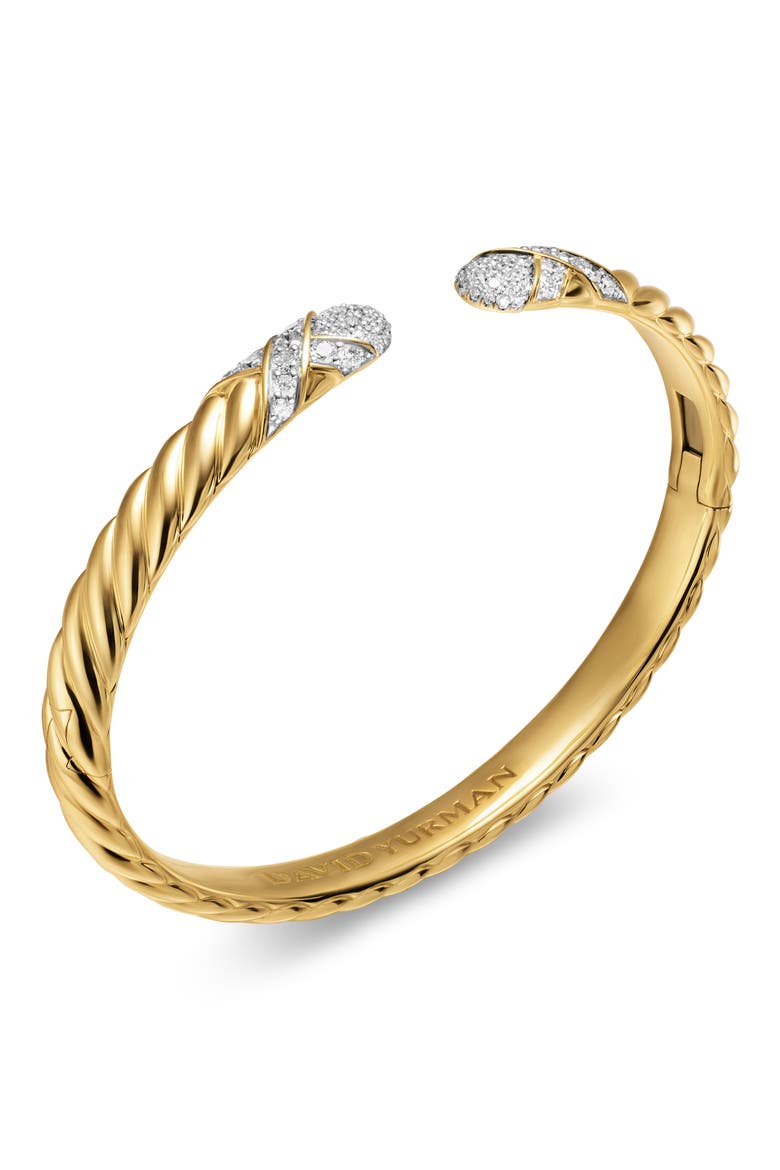 Sculpted Cable X Cuff Bracelet in 18K Yellow Gold with Diamonds, 6mm, Alternate, color, DIAMOND