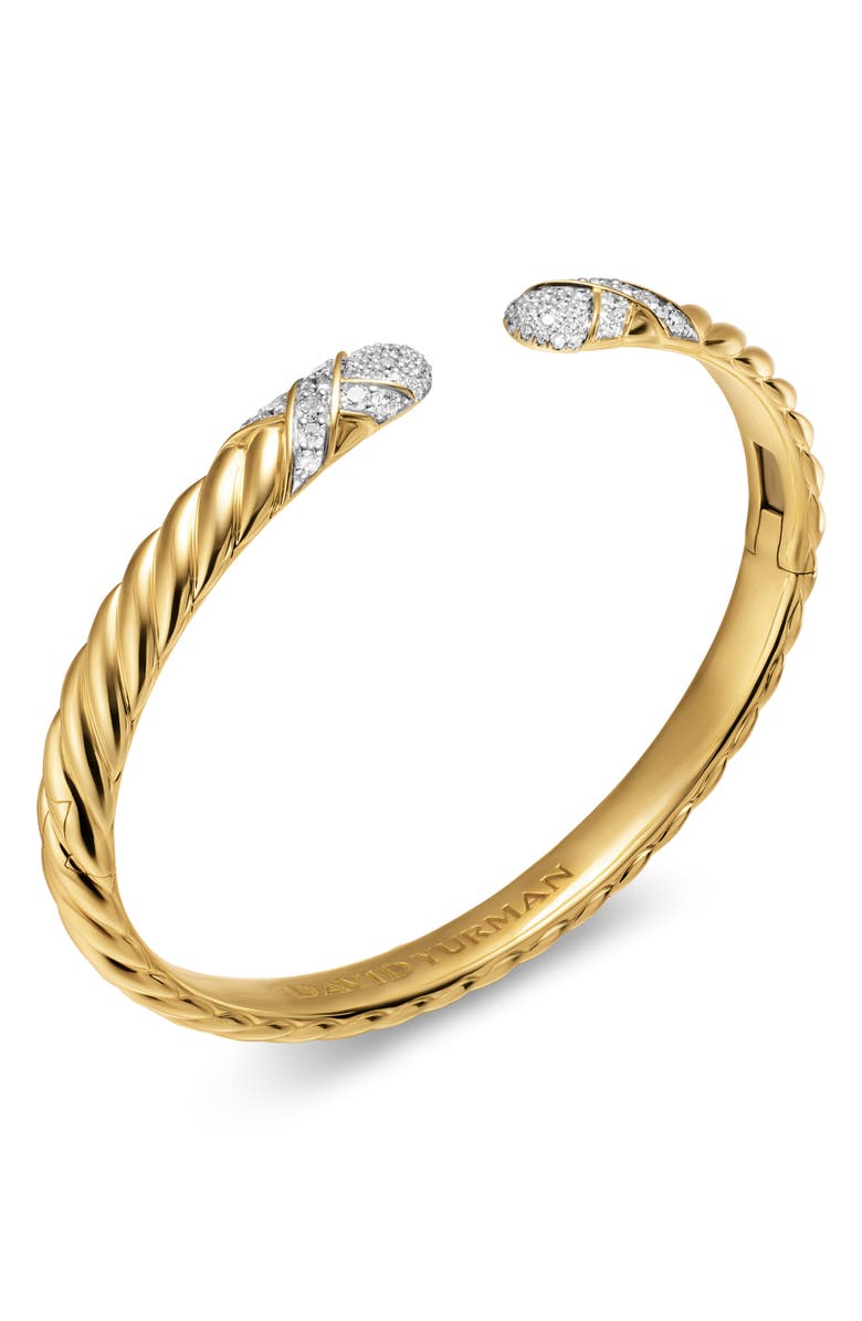 David Yurman Sculpted Cable X Cuff Bracelet in 18K Yellow Gold with Diamonds, 6mm, Alternate, color, Diamond