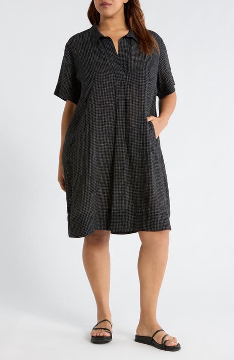 Windowpane Plaid Elbow Sleeve Organic Linen Shift Dress (Plus)