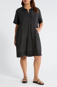 Eileen Fisher Windowpane Plaid Elbow Sleeve Organic Linen Shift Dress