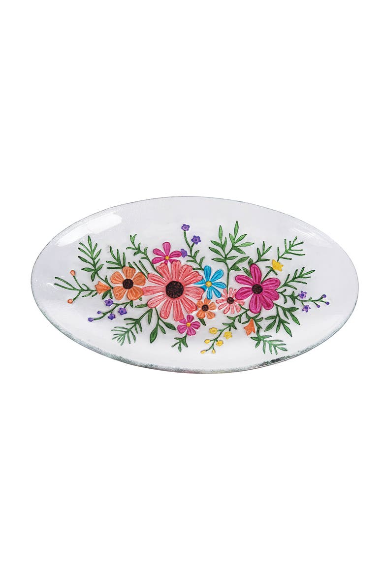 Botanical Floral Bouquet Slump Glass Spring Decorative Oval Dish Plate 7" x 12", Main, color, Pink