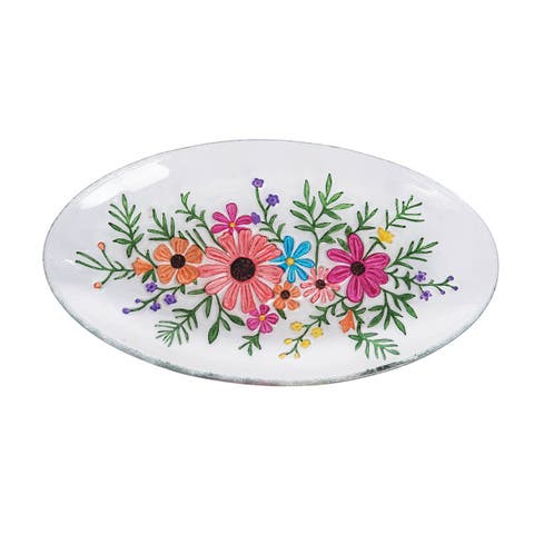 Botanical Floral Bouquet Slump Glass Spring Decorative Oval Dish Plate 7" x 12"