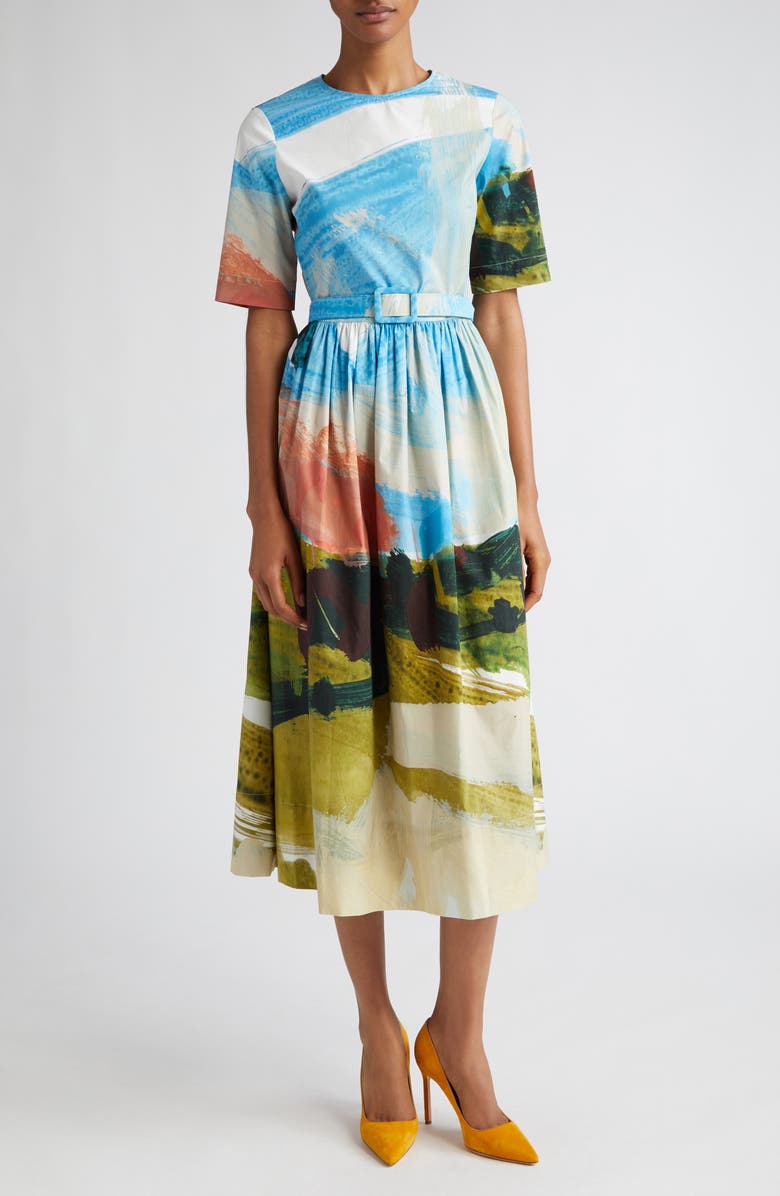 Oscar de la Renta Landscape Print Belted Stretch Cotton Midi Dress, Main, color,