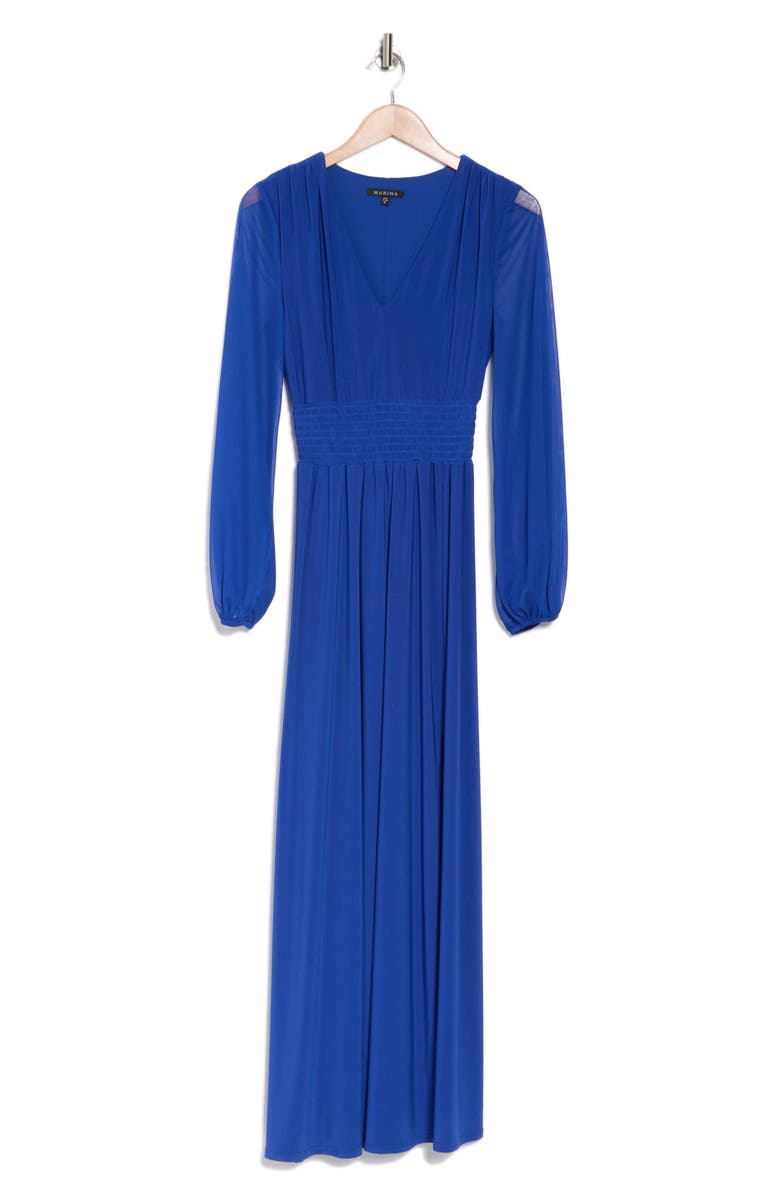 Marina Pleated Smocked Long Sleeve Chiffon Dress, Alternate, color, 