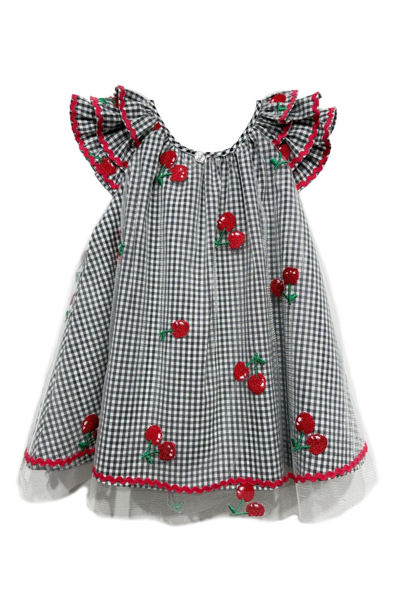 Pippa & Julie Kids' Iris Gingham & Cherry Dress, Alternate, color, Black/ White